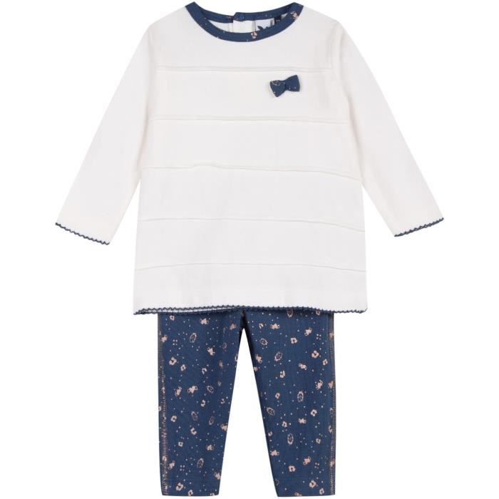 3 POMMES Ensemble Long Bleu Grisé Bébé Fille