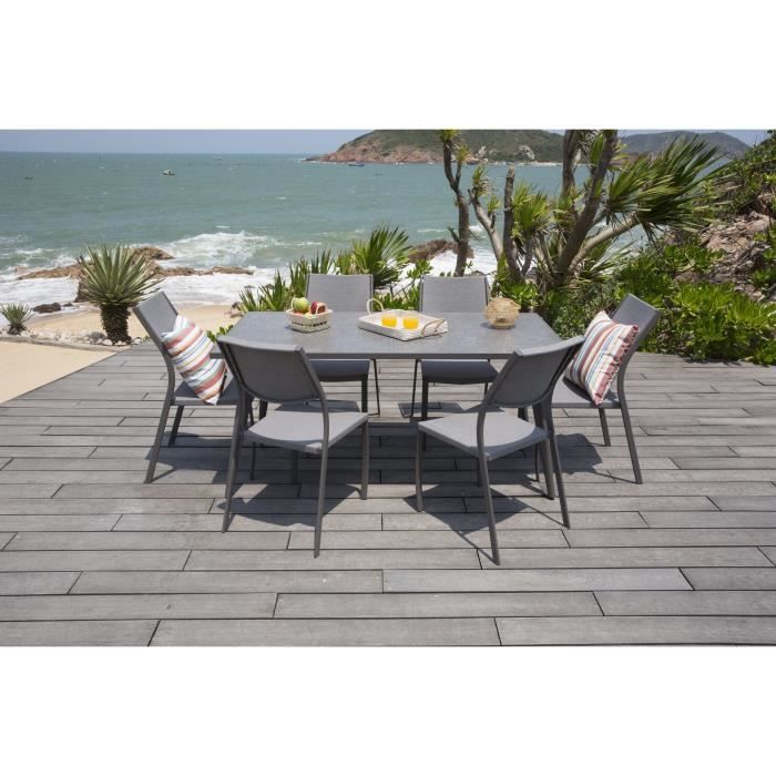 Ensemble 1 table rectangulaire avec 6 chaises en métal et plateau en grès - 162x82x74cm - Gris