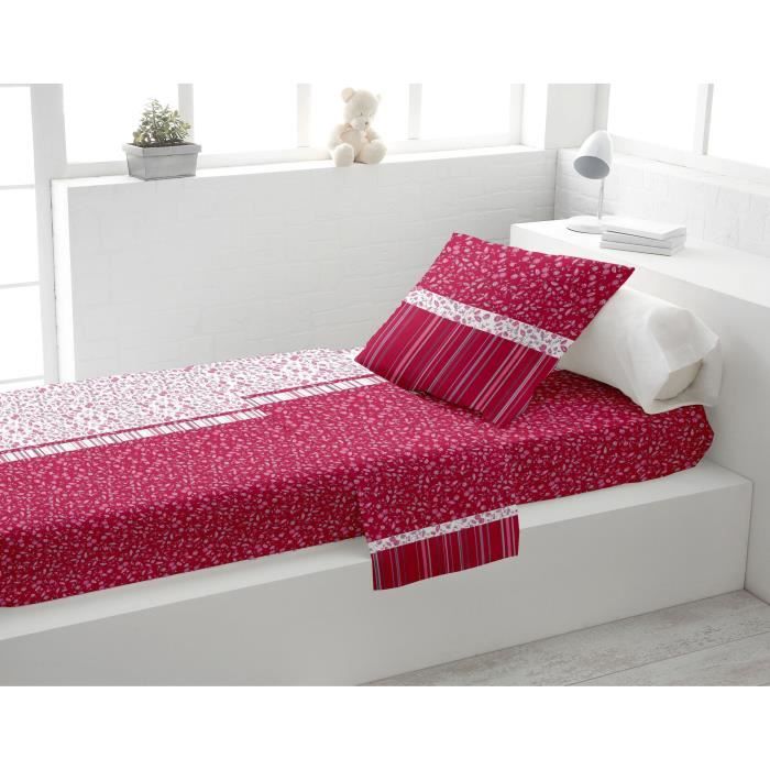 SOLEIL D'OCRE Parure de lit MISTRAL 100% coton - 1 drap housse 90 + 1 drap plat et 1 taie d'oreiller - Rouge framboise