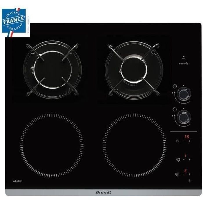BRANDT BPI6413BM - Table de cuisson mixte induction / gaz - 4 zones - L 51 x P 58 cm - Revêtement verre - Noir