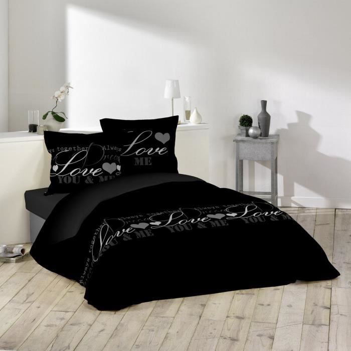 DOUCEUR D'INTERIEUR Parure de couette Love Dreams 100% coton - 1 housse de couette 220x240 cm + 2 taies 63x63 cm noir