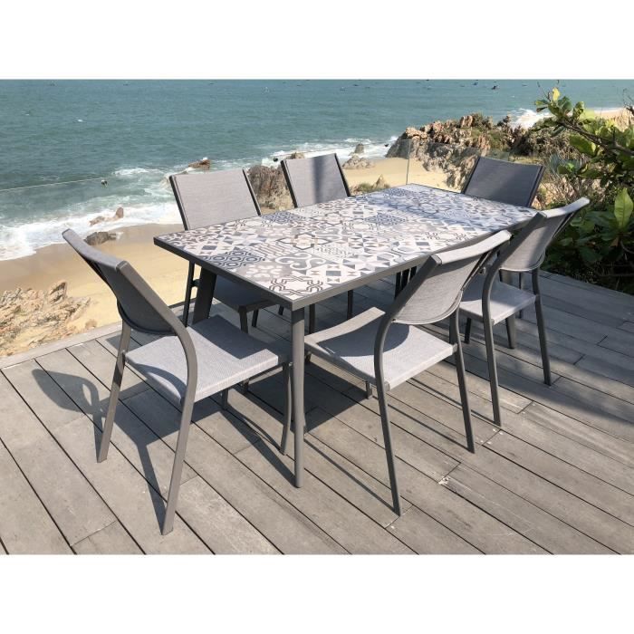 Ensemble 1 table rectangulaire avec 6 chaises en métal et plateau en grès - 162x82x74cm - Gris