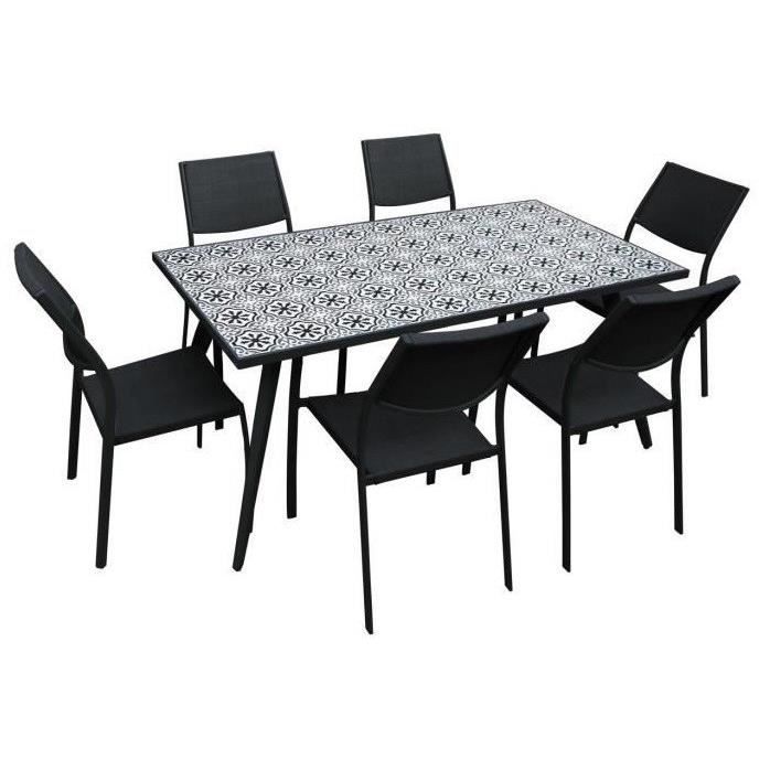 Ensemble 1 table rectangulaire avec 6 chaises en métal et plateau en grès - 162x82x74cm - Noir