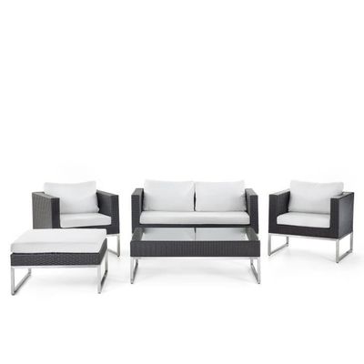 Salon de jardin - acier inox et rotin marron - coussins beiges ... Salon de jardin - acier inox et rotin marron - coussins beiges ...