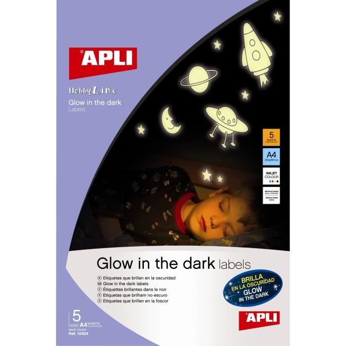 APLI agipa 10424 : etiquettes phosphorescentes dans l'obscurite - Poch 5 feuilles A4