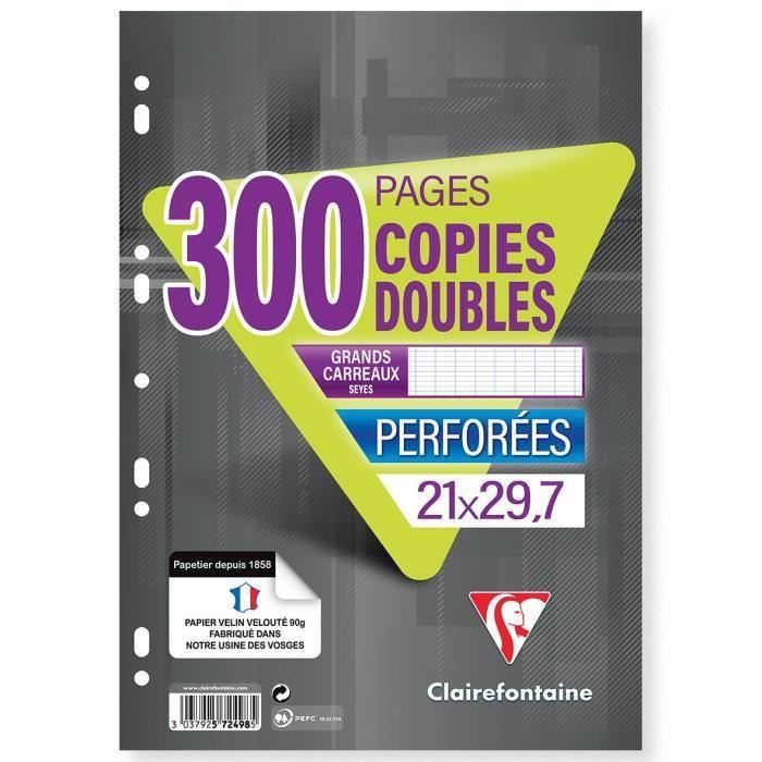 CLAIREFONTAINE - Copies doubles blanches - Perforées - 21 x 29,7 - 300 pages Seyès - Papier P.E.F.C 90G (Lot de 3)