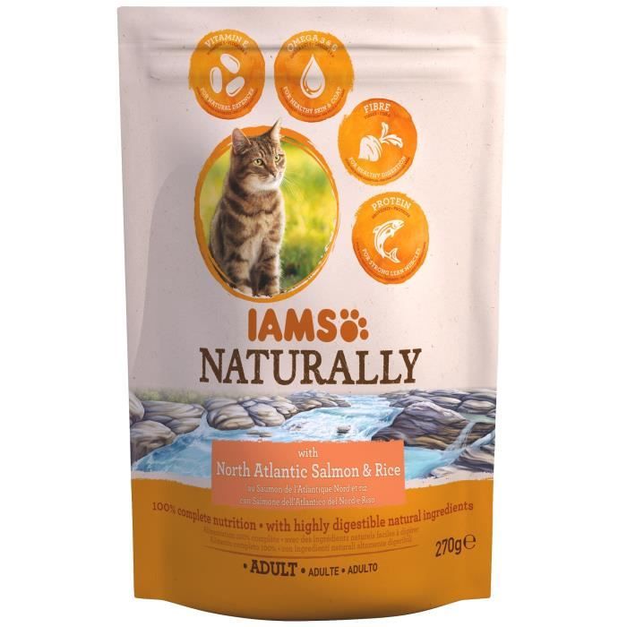IAMS Naturally Croquette Saumon Atlantique Nord & Riz - Toutes races - 270 g - Pour chat adulte