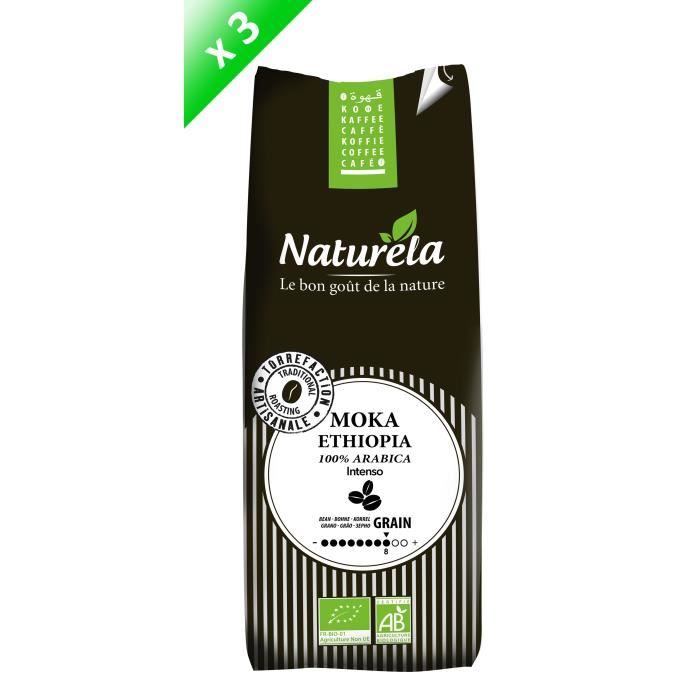 NATURELA Lot de 3 Cafés Moka Ethiopia 100% Arabica Grain 250g