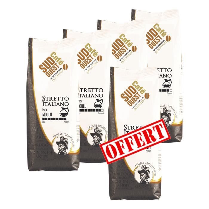 SUD OUEST CAFE Le Stretto Italiano Moulu 250g Lot de 4+1 offert
