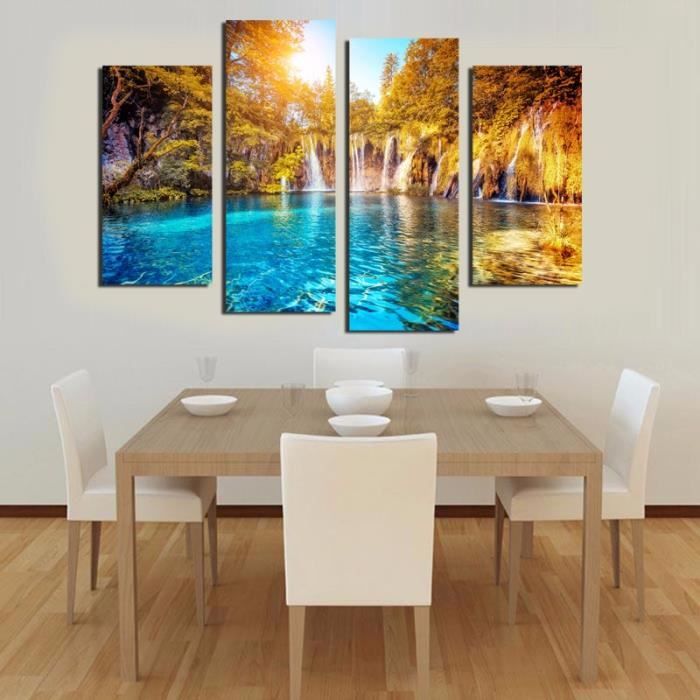 Toile 4 Panneau Mur Art Cascade Peinture Toile Paysage Peinture Vert
