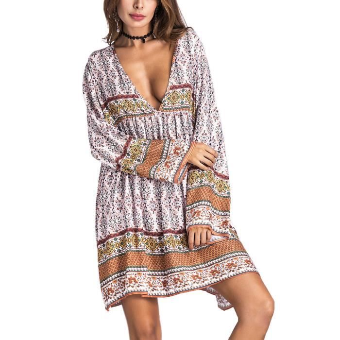 Smile Ykk Bohème Robe Femme Manches Longues Col V Cover Up Bikini Floral Imprimé Plage Voyage