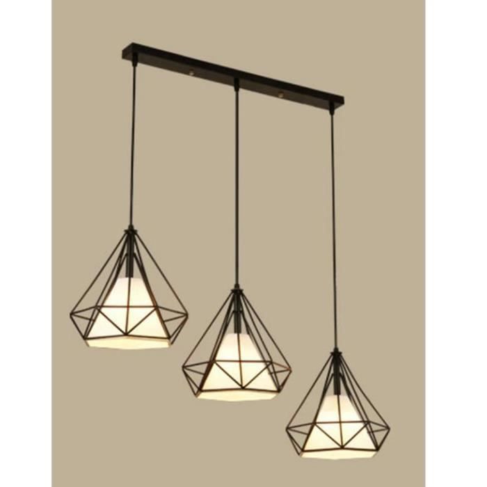 Lustre Diamant Suspension Forme Stoex 3 Lampes En De 25cm Fer Noir Cage wP80Okn