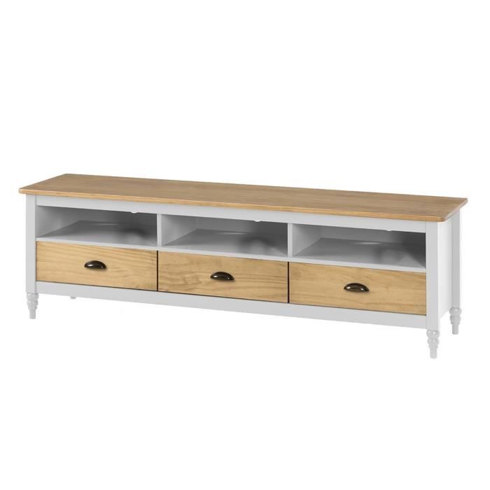 IRENE Meuble TV 3 tiroirs en pin massif - Décor blanc ciré - L 158 x P 40 x H 49 cm