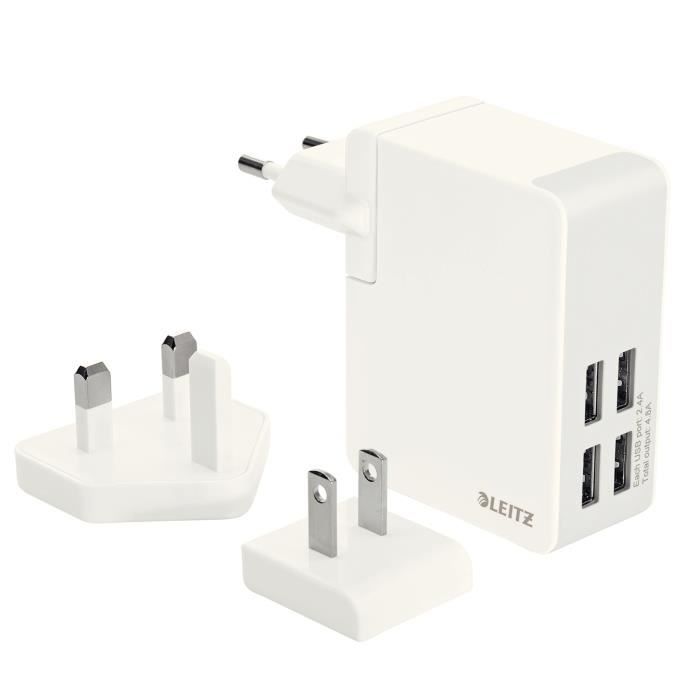 LEITZ - Chargeur secteur de voyage - 4 ports USB 24W