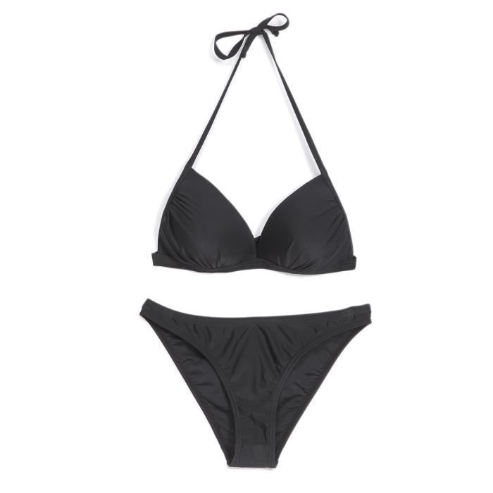 CBK Maillot de bain triangle fixe femme - 2 pièces - Uni Noir - Coque avec effet drapé