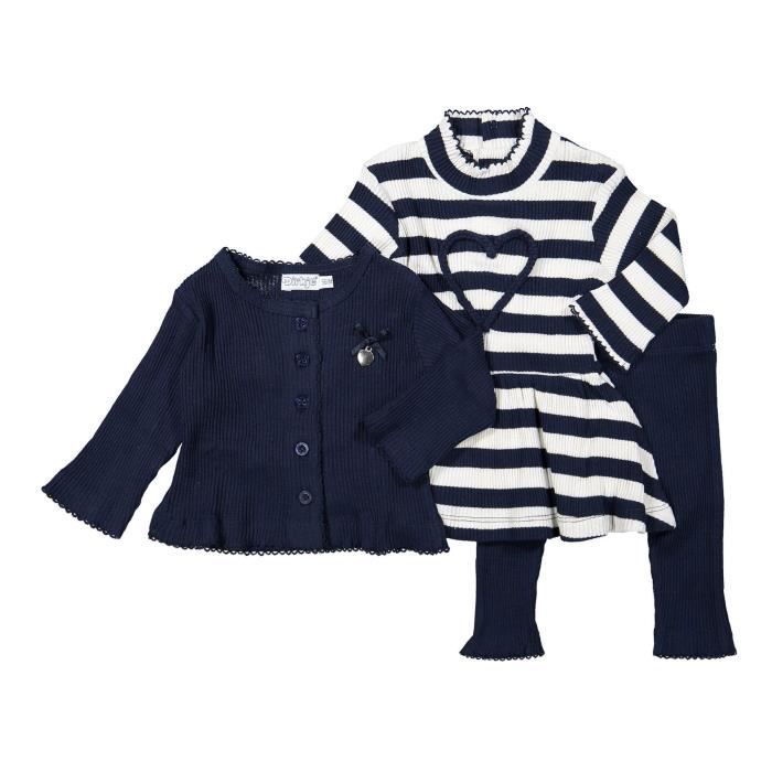 DIRKJE Ensemble Gilet + Legging + Robe Bleu Marine et Rayé Bébé Fille