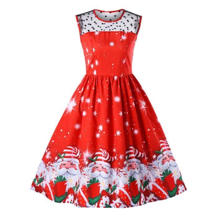 Robe de Noël Femmes Père Noël imprimé vintage de partie de soirée robe de bal Swing TRY7504