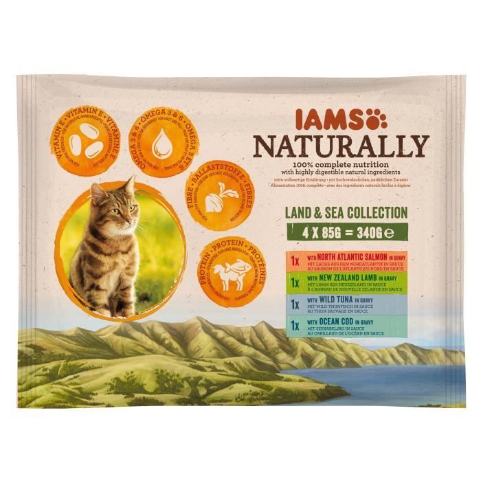 IAMS Naturally Humide Terre & Mer en sauce - Toutes races - 4x85 g - Pour chat adulte