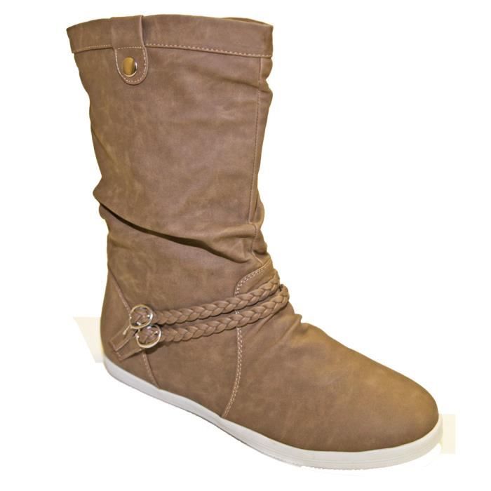 BOTTE Botte Bottine talons plats Femme SimiliPeau plissé