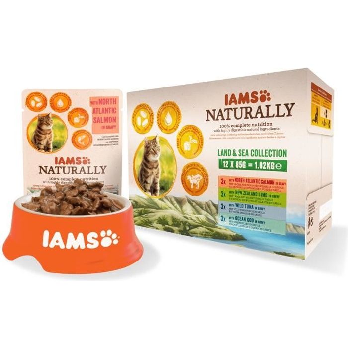 IAMS Naturally Humide Terre & Mer en sauce - Toutes races - 12x85 g - Pour chat adulte