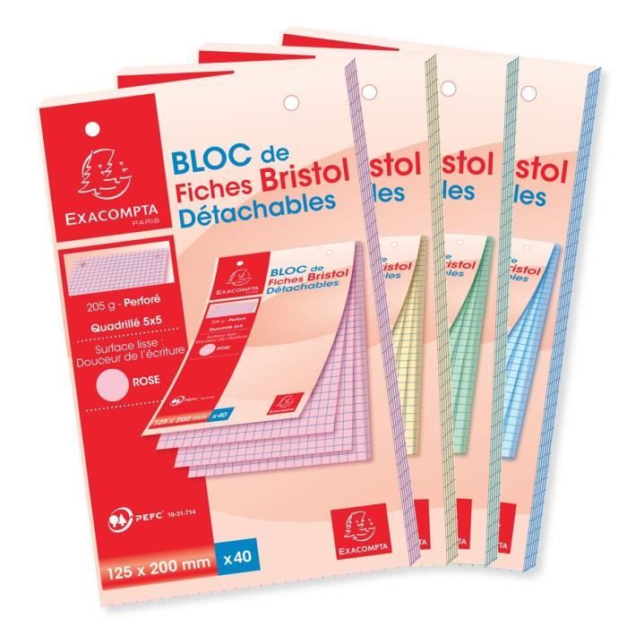 EXACOMPTA Bloc 40 fiches bristol Couleur perforées 125 x 200 mm - 5 x 5 PEFC 205 g - Couverture enveloppée Carte 240 g