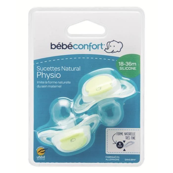BEBE CONFORT Sucette Natural Physio Silicone 18/36m (x2) - Vert (Lot de 3)