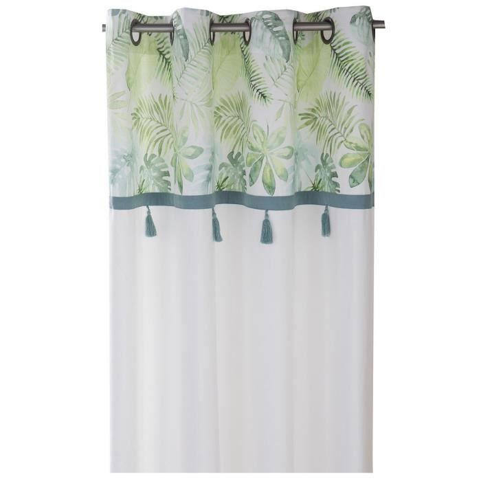 DEKOANDCO Rideau végétal blanc - 135x250 cm - Avec petits pompons- Imprimé vert