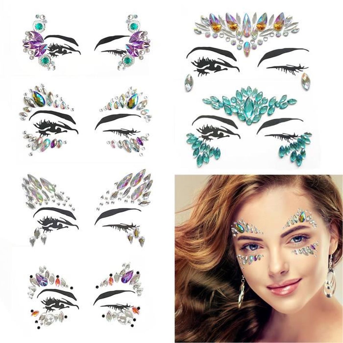BIJOUX DENTS Strass Tatouage Jewels Visage STICKERS Cristal Cor