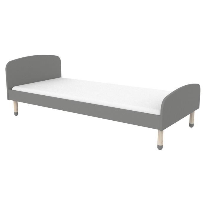 PLAY Lit enfant scandinave en MDF et bois massif gris laqué - Sommier inclus - l 90 x L 190 cm