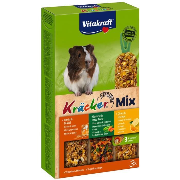 VITAKRAFT Kräcker Trio-Mix Miel épeautre, légumes betterave rouge et citron orange P/3 - Pour cochon d'Inde