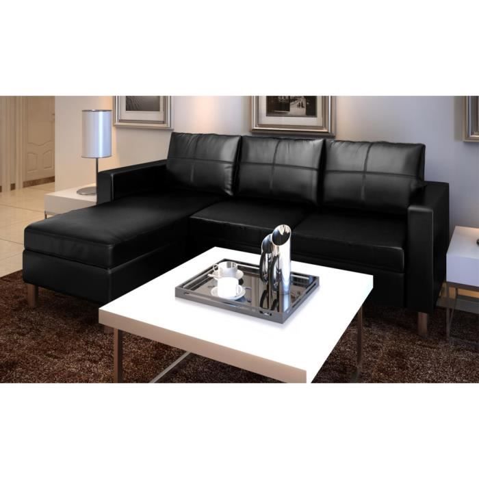 Canape D Angle 3 Places Modulable En Cuir Artificiel Noir Blanc