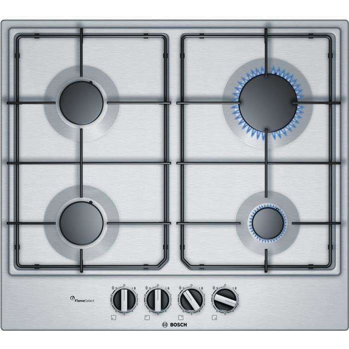 BOSCH PCP6A5B80 Table de cuisson gaz - 4 foyers - 7500 W - L 58,2 x P 52 cm - Revêtement acier inox - Inox