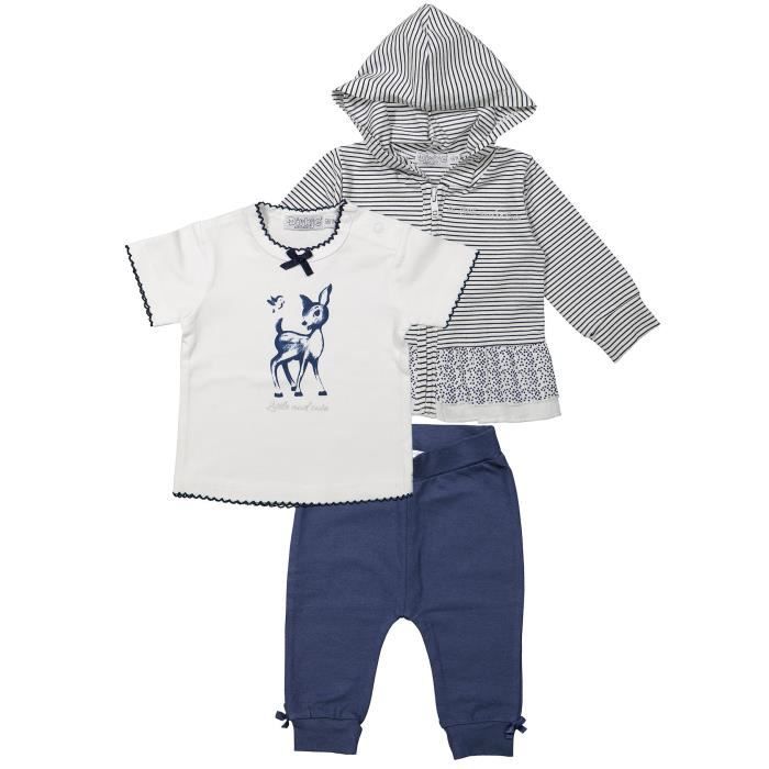 DIRKJE Ensemble 3 Pièces Gilet zippé à capuche + T-shirt + Legging Bleu Marine et Blanc Bébé Fille