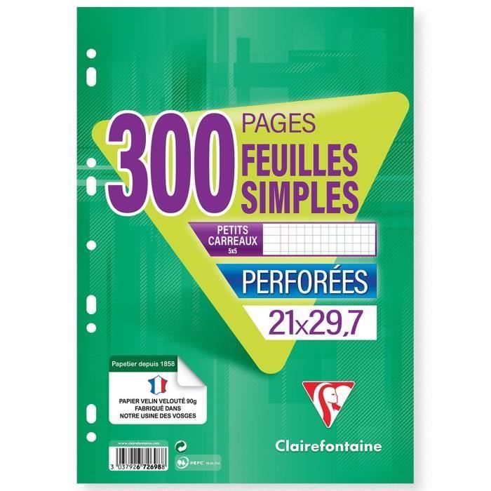 CLAIREFONTAINE - Feuilles simples blanches - 4 coloris assortis - Perforées - 21x29,7 - 300 p 5x5 - Papier P.E.F.C 90G (Lot de 3)