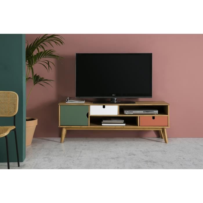 OCEANE Meuble TV 1 porte 2 tiroirs en pin massif - Décor terracota , blanc et vert ciré - L 140 x P 37 x H 52 cm