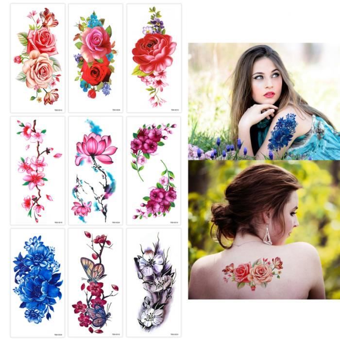 9 Feuilles Tatouage Temporaire Rose Peony Fleur Papillon Lotus Cherry Blossoms Tatouage Flash Pour Femmes