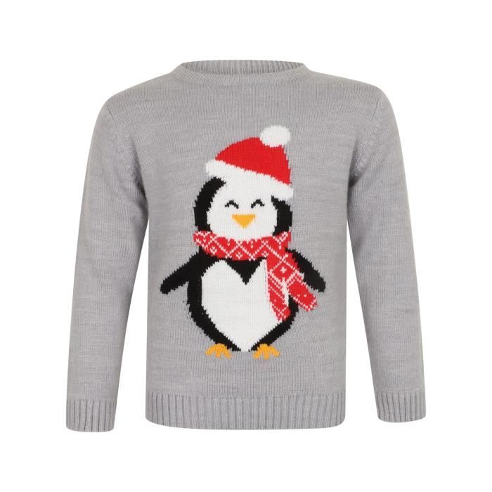 Pull de Noël Pingouin Gris Chiné Enfant Fille
