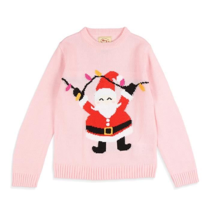 MERRY CHRISTMAS Pull de Noël Père Noël Rose Enfant Fille