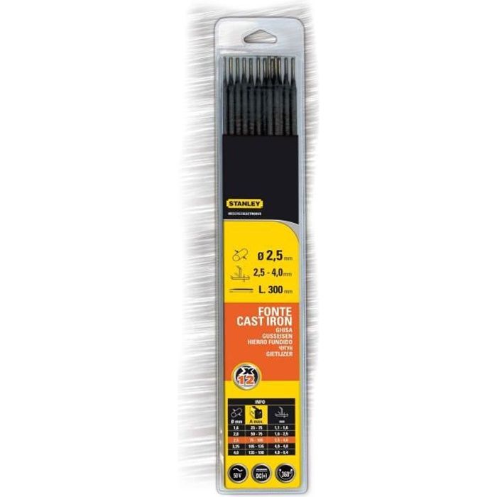STANLEY 460727 Lot de 12 électrodes fonte - Ø 2,5 mm - L 250 mm - Baguettes de soudure
