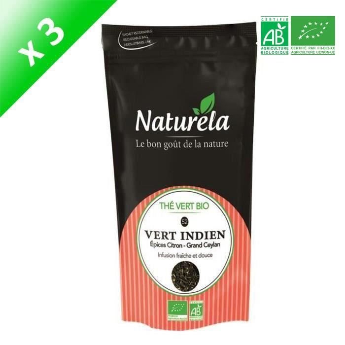 NATURELA Lot de 3 Thés Vert Indien Epices Citron n°52 Bio 100g