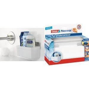 TESA Panier porte accessoires salle de bain - Plastique - Support métal + 4 crochets Powerstrips waterproof - Blanc