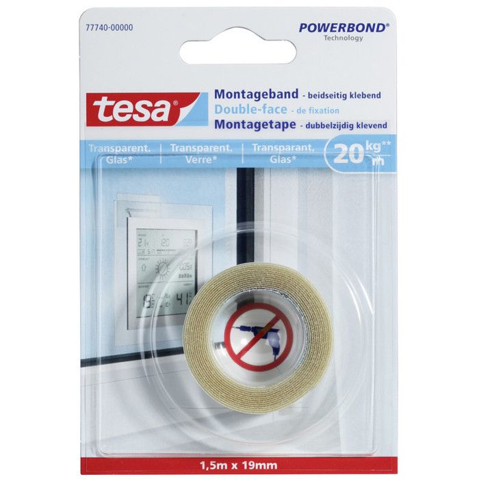 TESA Double-face de fixation - Pour verre et surfaces transparentes - Charge supportée : 20 Kg / m