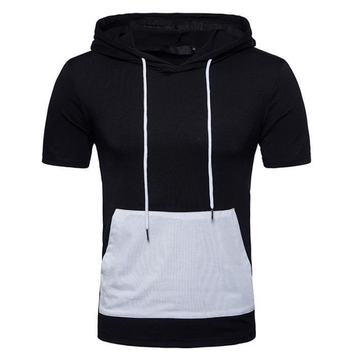 Manches Col T Coupe Shirt Slim Fit Homme Tee Noir Capuche O Courtes N0vwm8n