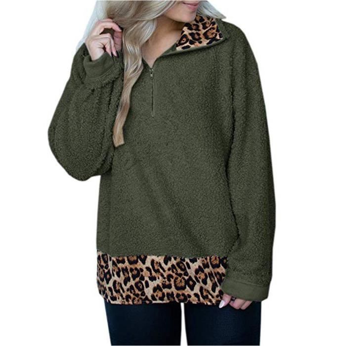 shirt Yhj1435 Splice Léopard Chemisier Sweat Outwear Jumper Femmes Zipper Imprimé Top q7wvYZ