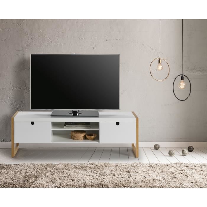 KARE Meuble TV 2 portes en pin massif - Décor chêne et blanc - L 140 x P 38 x H 45 cm