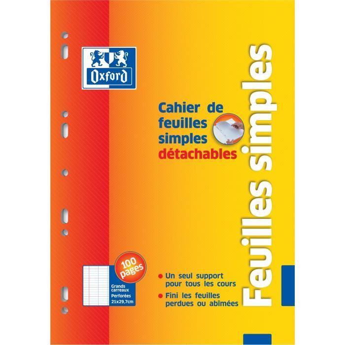 OXFORD Cahier de 100 Feuilles simples - Grands carreaux - 29,5 cm x 21 cm x 0,6 cm