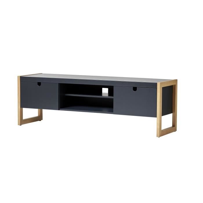 KARE Meuble TV 2 portes en pin massif - Décor chêne et anthracite - L 140 x P 38 x H 45 cm