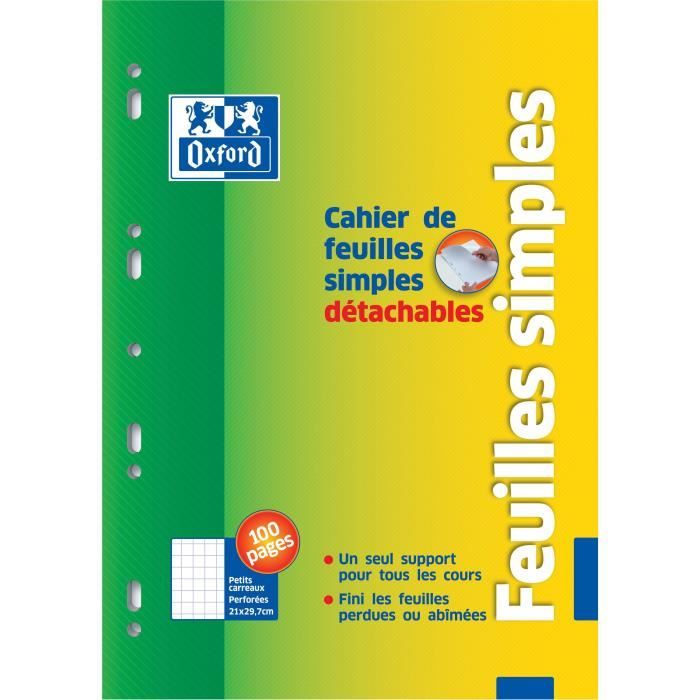 OXFORD Cahier de 100 Feuilles simples - Petits carreaux - 29,5 cm x 21 cm x 0,6 cm