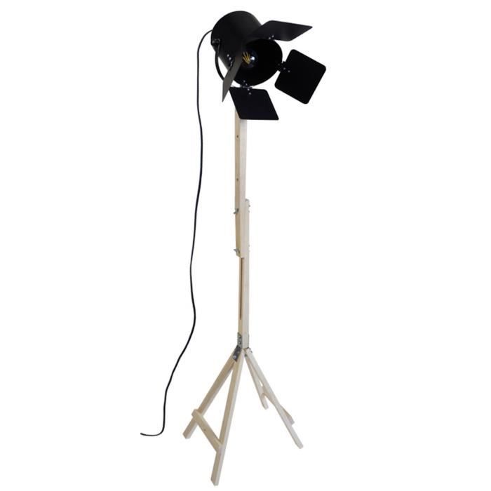 Lampadaire trépied cinéma en bois Bolywood 150 cm E27 40W noir