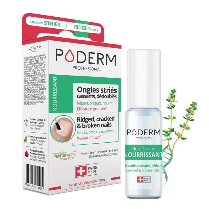 Huile sérum Nourrissante PODERM. Répare, protège les ongles mains/pieds. Traitement ongles striés secs, cassants. Made In Suisse